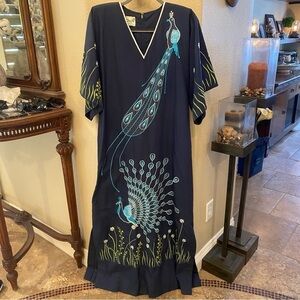 Vintage CHUCHI Women Blue Peacock Floral Embroidery Kaftan Maxi Dress Size Large